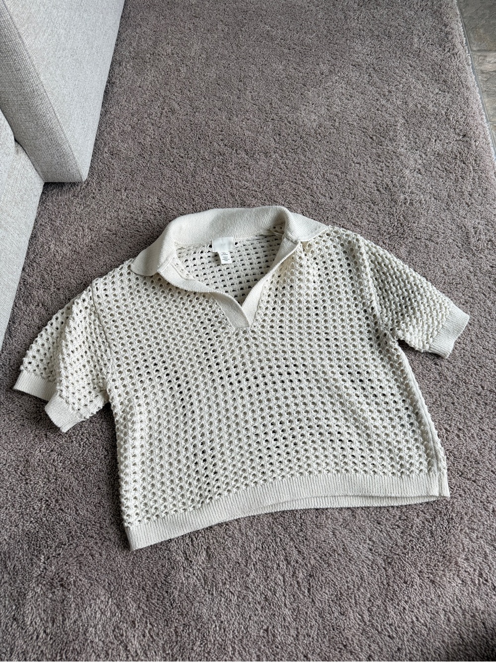 H&M Ivory Open-Knit Short Sleeve Polo Sweater